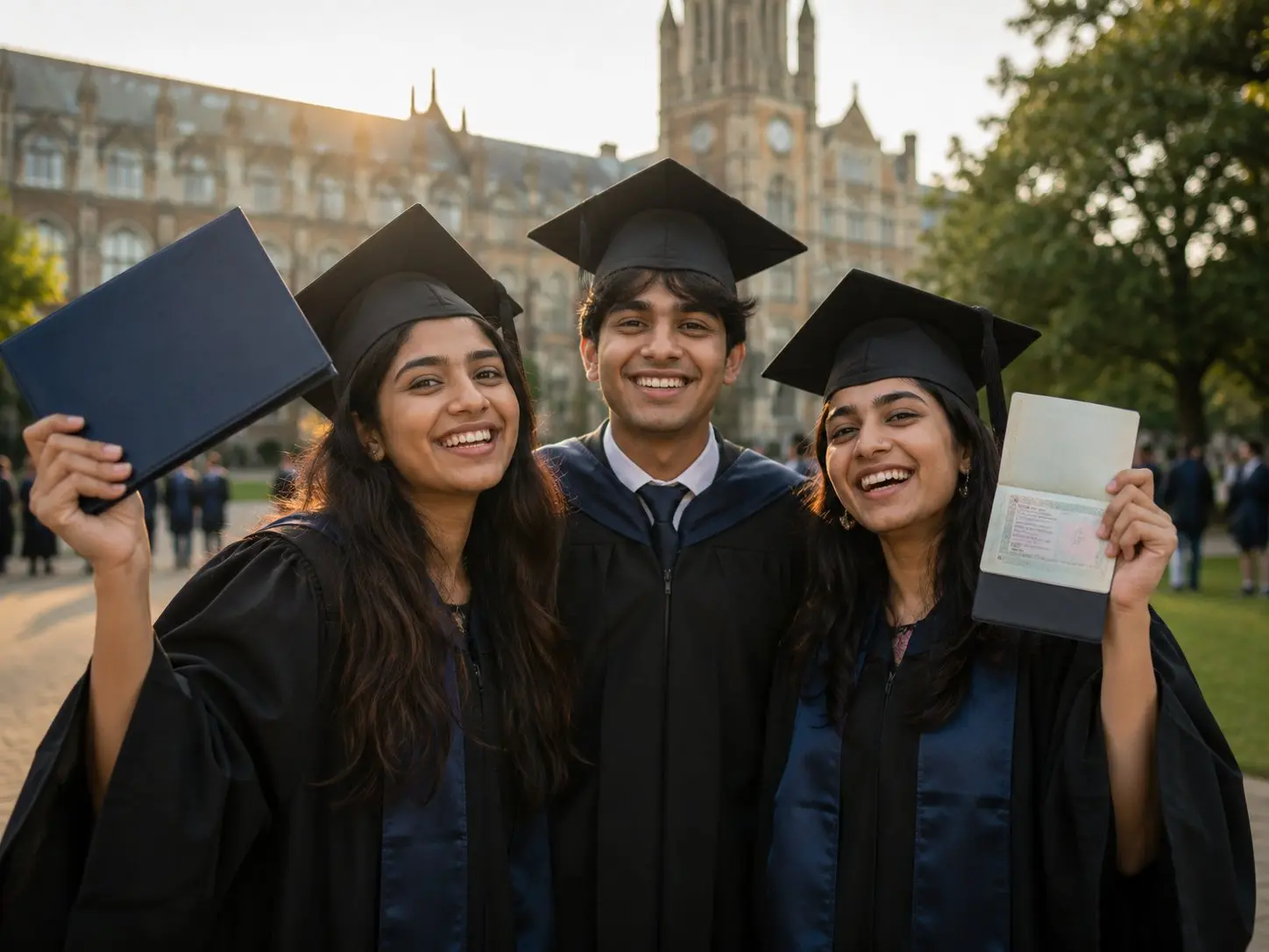 Graduates celebrating their study abroad success, one holding their passport